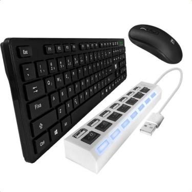Imagem de Kit Teclado E Mouse Sem Fio Ergonômico Com Hub Extensor Usb 7 Portas C