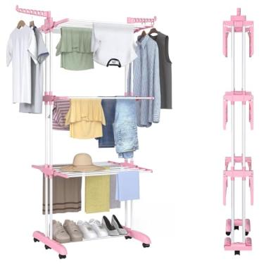 Imagem de Bigzzia Escorredor de roupas, escorredor de roupas de 168 cm com base dobrável, rack de secagem de aço inoxidável de 4 camadas, prateleira móvel para lavanderia interna e externa - rosa