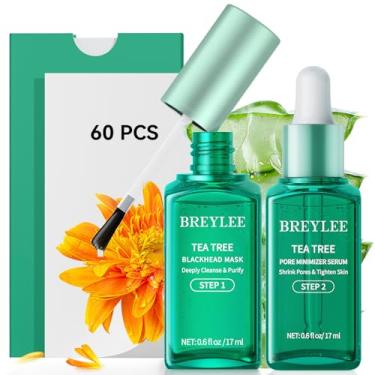 Imagem de BREYLEE Máscara removedor de cravos e sérum minimizador de poros, tiras de poros de nariz de óleo de melaleuca + 100 papéis, controle de óleo firmador, encolhimento de poros e pele que aperta