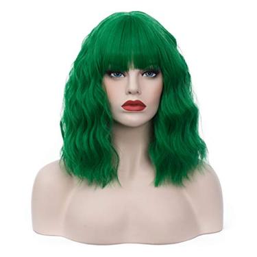 Imagem de Cying Lin Peruca ondulada curta de 35,5 cm. Perucas verdes escuras para mulheres, cosplay natural, perucas de Halloween, resistente ao calor, peruca divertida para festa, inclui touca de peruca