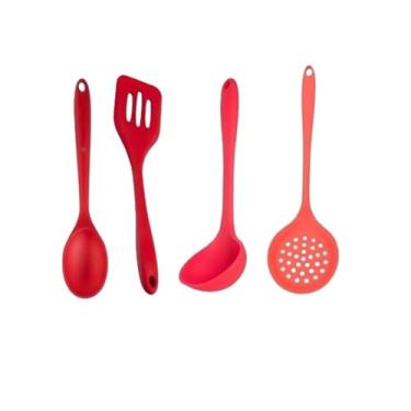 Imagem de Colher De Silicone Para Cozinha -UtensíLios Em Silicone Antiaderente | Inclui EspáTula, Concha, Escumadeira, Colher E EspáTula Vazada | NãO Risca Panelas | Presente Para Chá De Panela(VERMELHO (KIT4))
