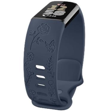 Imagem de Pulseira com gravação floral compatível com Fitbit Charge 6/5, mulheres e homens, pulseiras de substituição macias para Fitbit Charge 6/5 Advanced Fitness & Health Tracker (azul abismo)