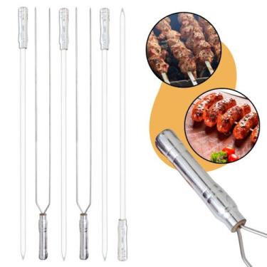 Imagem de Kit 6 Espetos Churrasco Aço Inox Duplo 85/95cm Suporte Carne Costela L