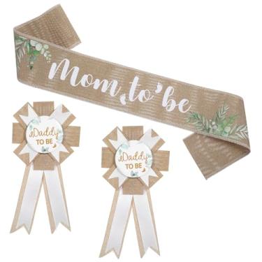 Imagem de ElevateTech Broche de serapilheira neutra Mom to Be Sash Dad to Be Pin decoração de chá de bebê verde sálvia rústico boho faixa futura mamãe chá de bebê conjunto de alfinetes para grávidas presente de