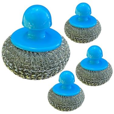 Imagem de 4 esfregões de aço inoxidável com alça - protege suas mãos, durabilidade de longa duração para limpar panelas, frigideiras, ferro fundido, fogões, pia, esfregão de lã de aço com alça.