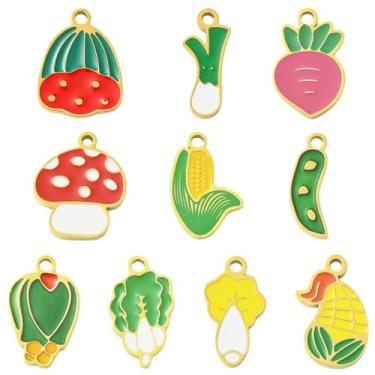 Imagem de UR URLIFEHALL 10 peças, 10 estilos, pingentes de vegetais de aço inoxidável, banhado a ouro 18 K, milho, cogumelo, cenoura, imitação de pingentes de alimentos para fabricação de joias a granel