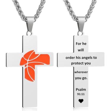 Imagem de Colar masculino com cruz de basquete, versículo bíblico, pingente de presente para aniversário, Natal, batismo, religioso, acessórios de basquete, presentes, Small, Aço inoxidável, Sem Pedra Preciosa