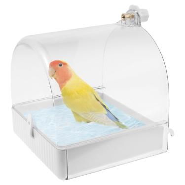 Imagem de Gaiola de banho para pássaros, banheira suspensa transparente com ganchos e gaveta para gaiola de papagaios, banheira de banho, caixa de chuveiro, suprimentos de acessórios para pássaros pequenos a