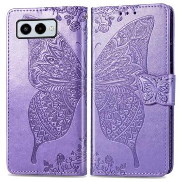 Imagem de DAMONDY Capa flip T-Mobile Revvl 8 5G, flores em relevo de borboleta, couro PU, capa flip magnética, suporte para cartões, alça de mão, carteira para T-Mobile Revvl 8 5G - roxo claro