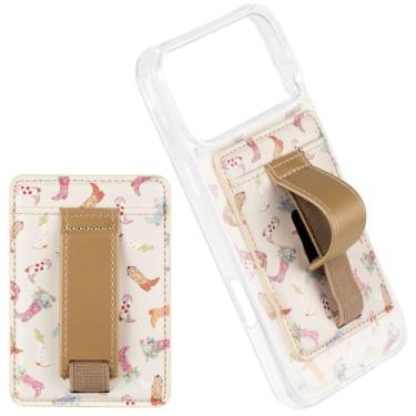 Imagem de Walli Carteira magnética para iPhone, suporte de cartão fino com suporte e alça de dedo, acessório bonito e funcional - botas e flores