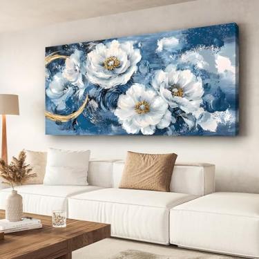 Imagem de Pintura a óleo de flor abstrata arte de parede decorativa azul grande decoração de parede arte pintura moderna moldura interna de madeira 50,8 x 101,6 cm impressão de fotos em tela de alta resolução