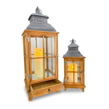 Imagem de Conjunto Lanternas Decorativa Madeira Rustica C/Velas