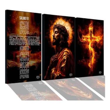 Imagem de Quadro Decorativo Salmo 91 Jesus Cristo Cruz Fogos Exclusivo Preto Ver