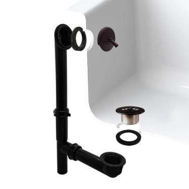 Imagem de Westbrass A592144-12 3,8 cm x 35,5 cm Conjunto tubular de lixo e transbordamento de banho preto com alavanca de viagem e filtro de colmeia grade de drenagem, bronze polido a óleo