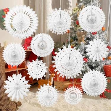 Imagem de NOVWANG Decorações para pendurar flocos de neve, 12 peças, leques de papel branco, flocos de neve, decoração de teto para decoração de festa de inverno, casamento, aniversário, chá de bebê, feriado