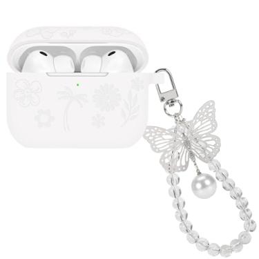 Imagem de Capa de silicone compatível com AirPods Pro 3 geração 2025 com chaveiro borboleta, capa protetora com design de flor gravada para mulheres, capa macia de TPU (poliuretano termoplástico) à prova de