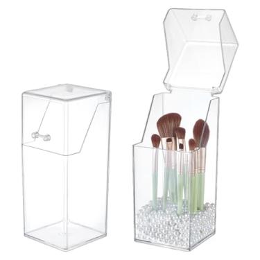 Imagem de FINGERINSPIRE 2 porta-pincéis de maquiagem de acrílico com tampa, 8,5 x 8,4 x 20 cm, organizador de pincéis de cosméticos, caixa de armazenamento de lápis de sobrancelha, caixa de exibição de