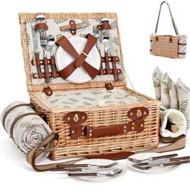 Imagem de Cesta de piquenique com cobertor e bolsa de vinho para 4, conjunto de piquenique de vime com forro isolado, cesto térmico para acampamento, casamento - folha