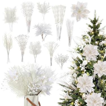 Imagem de Yerliker 108 palhetas e sprays de Natal com glitter branco, decoração de árvore de Natal artificial, galhos de cedro, caules de flores, palitos de flores para centro de mesa, guirlanda, decoração de