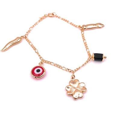 Imagem de Bracelete feminino banhado a ouro 18 K com pingente de pedra Azabache genuíno e cristal Evil Eye Pendant