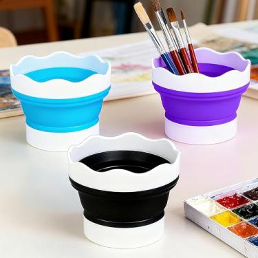 Imagem de Pacote com 3 pincéis portátil, dobrável, lavadora, preto, roxo, azul, copo de limpeza de pintura de silicone para artistas