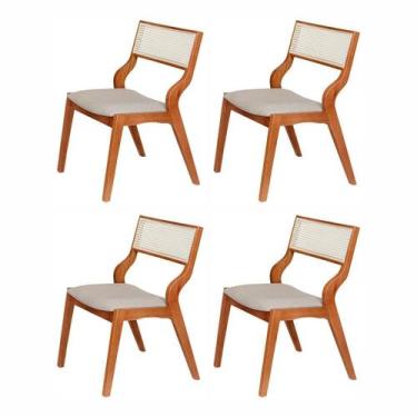 Imagem de Kit 4 Cadeiras Madeira Maciça, Estofada e Rattan 100% Natural Luna Esp