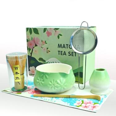 Imagem de LaienfuJu Conjunto Matcha - Tigela com bico, batedor de bambu (Chasen), colher e suporte - 6 peças de kit de chá japonês (verde Matcha)