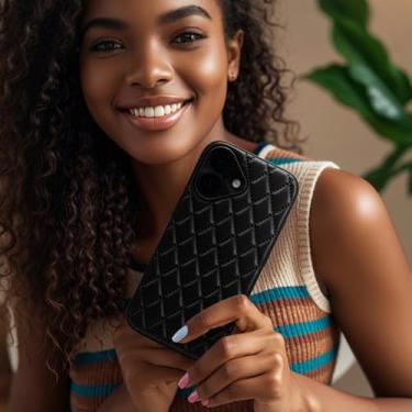 Imagem de Capa de telefone para iPhone 16Plus, traseira semelhante a couro e moldura de silicone - design de couro vegano, capa protetora feminina antiderrapante preta