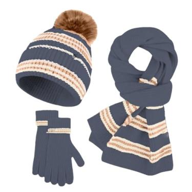 Imagem de Conjunto de gorro feminino, cachecol e luvas, unissex, quente, com estampa fofa, gorro quente, azul, tamanho único