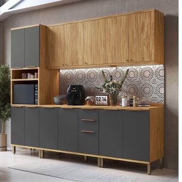 Imagem de Cozinha Modulada Completa 5 Peças 13 Portas Com Tampo 270cm 100% Mdf Noruega Espresso Móveis Amêndoa-chumbo