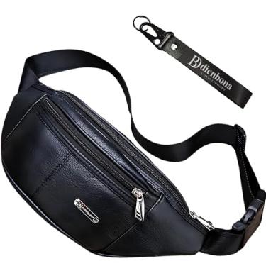 Imagem de Dienbona Pochete vintage de couro genuíno com alça de chaveiro, alça ajustável, bolsos com zíper de viagem, bolsa transversal, mochila de cintura de couro bovino, Preto, 12" x 4.75" x 4", Pochete