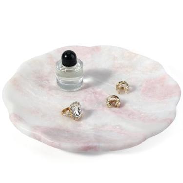 Imagem de Koville Bandeja de mármore, bandeja redonda de mármore de 20 cm para perfume, bugiganga de joias, bandeja de pedra natural para bancada de cômoda de cozinha de banheiro, bandeja decorativa recortada