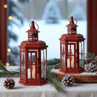Imagem de JHY DESIGN Conjunto de 2 lanternas decorativas de vela vintage de 25 cm de altura, castiçais de metal para eventos internos e externos, festas góticas e de Halloween (vermelho com pincel preto)