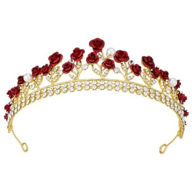 Imagem de Qiufruit Tiaras de princesa rosa noiva rosa vermelha tiaras e coroas acessórios de cabelo para festa de aniversário de casamento para mulheres e meninas, One Size, Liga metálica, Sem Pedra Preciosa