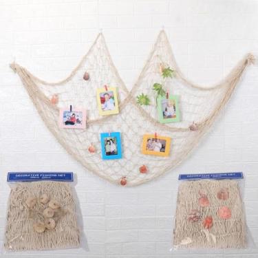 Imagem de Decoração de rede de pesca, grande parede costeira para decoração de pano de fundo, perfeita para festa temática na praia, casamento, arte de parede de quarto (bege)