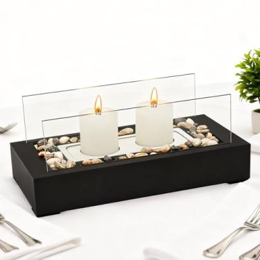 Imagem de Castiçal retangular de mesa furacão com pedras decorativas - adequado para velas de pilar de diâmetro 6,3 cm e abaixo e velas perfumadas, presente para mesa de jantar e utensílios domésticos