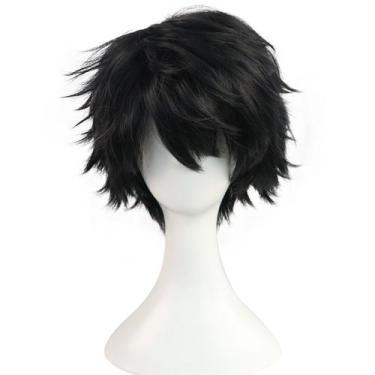 Imagem de Peruca curta preta em camadas, desgrenhada, 25 cm, fantasia de cosplay