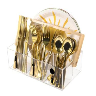 Imagem de Rzoklot Organizador de utensílios de acrílico com alça de bambu, organizador de talheres transparente com compartimentos etiquetados e suporte de placa, suporte portátil de talheres para balcão de