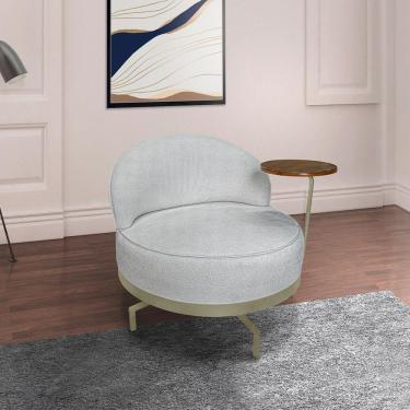 Imagem de Poltrona Sala De Estar Pés Em Ferro Champagne Giratória Braço Madeira Maciça 86cm Banff Bouclê Cinza