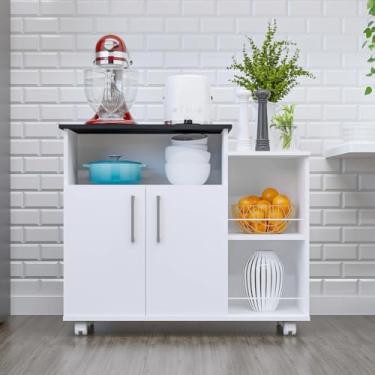 Imagem de Fruteira de Cozinha com Rodinhas e Suporte para Micro-ondas 2 Portas Multiuso em MDP(Branco com preto)