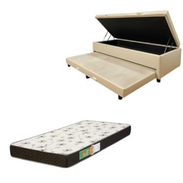 Imagem de Cama Box Baú Solteiro com Auxiliar (Bicama) + Colchão Solteiro Espuma D20 12cm | Kit Completo com Cabeceira Botonê Opcional | Diversas Cores (2, CORINO BEGE, SEM CABECEIRA)