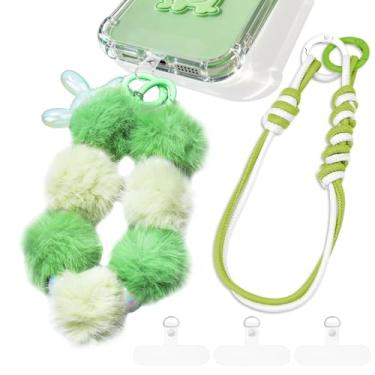Imagem de 2 peças de alça de pulso para telefone com aba de corda, cordão de pulso duplo antiperda bola de penugem, pingentes de telefone de couro destacáveis para bolsa, chaveiros, decoração de câmera (verde)