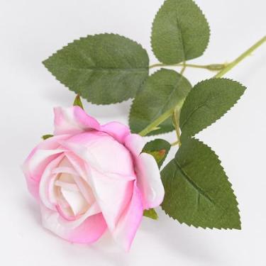 Imagem de 5 peças de flores artificiais - rosa rosa com folhas, arranjos florais falsos para casa de banho, escritório, mesa, centro de mesa, prateleira, decorações de casamento