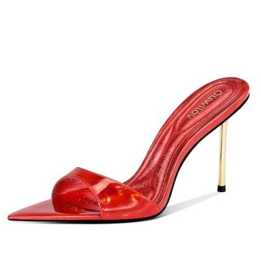 Imagem de Ouwilov Mules de salto alto para mulheres, bico fino, design sem cadarço com salto agulha de metal de 9 cm e palmilha acolchoada macia em ouro iridescente para festas ou encontros noturnos, Vermelho