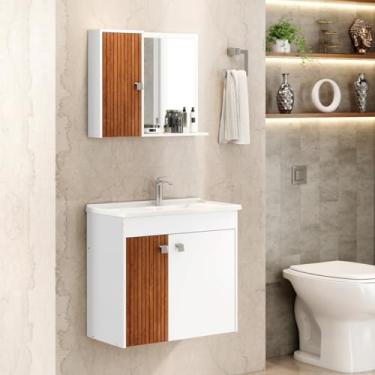 Imagem de Conjunto Banheiro Munique II com Gabinete, Espelheira e Cuba (Branco/Ripado)