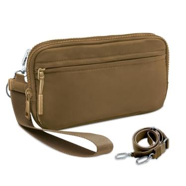 Imagem de JueiXeoy Carteira de pulso feminina quadriculada pequena bolsa transversal bolsa acolchoada de nylon porta-cartão de crédito com 4 zíperes, Marrom, One Size