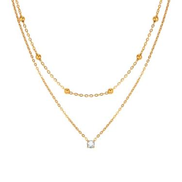 Imagem de PearlLives Colar feminino com pingente de zircônia cúbica de camada dupla, banhado a ouro 18 K, colares de zircônia cúbica em camadas usando correntes douradas gargantilhas delicadas