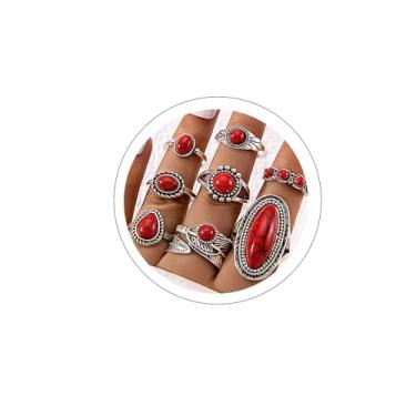 Imagem de PLwelth Conjunto de anéis ocidentais femininos turquesa empilháveis conjunto de anéis vintage boêmio caubói cowgirl acessórios modernos para concerto country decoração declaração anel de joias