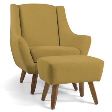 Imagem de Poltrona Fixa Com Puff Pés De Madeira Veludo Mostarda C-279