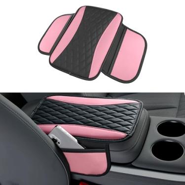Imagem de Tioollev Capa de console central de carro de couro patchwork, almofada protetora de braço de couro de microfibra com 2 sacos de armazenamento, almofada universal de apoio de braço de carros para SUV